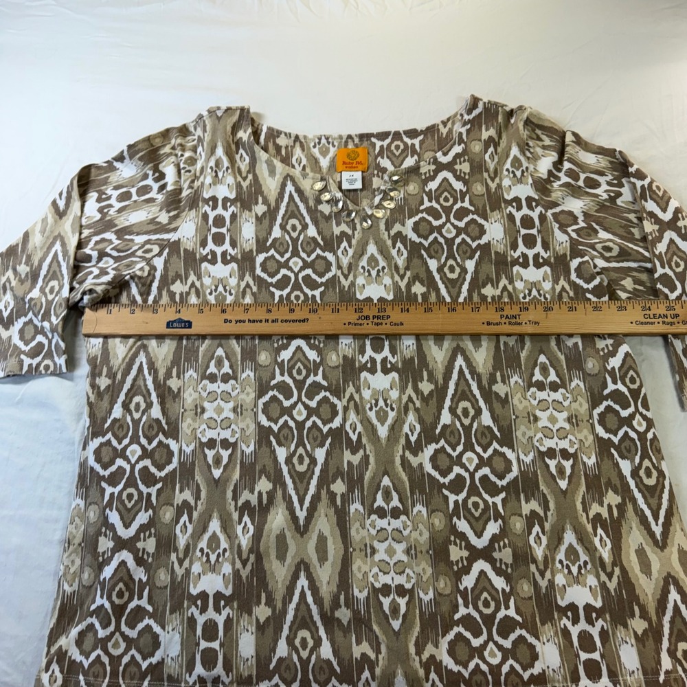 Ruby Rd Woman Blouse Women's 2X Brown Tan Geometric Beaded V Neck 3/4 Sleeve - Picture 6 of 8